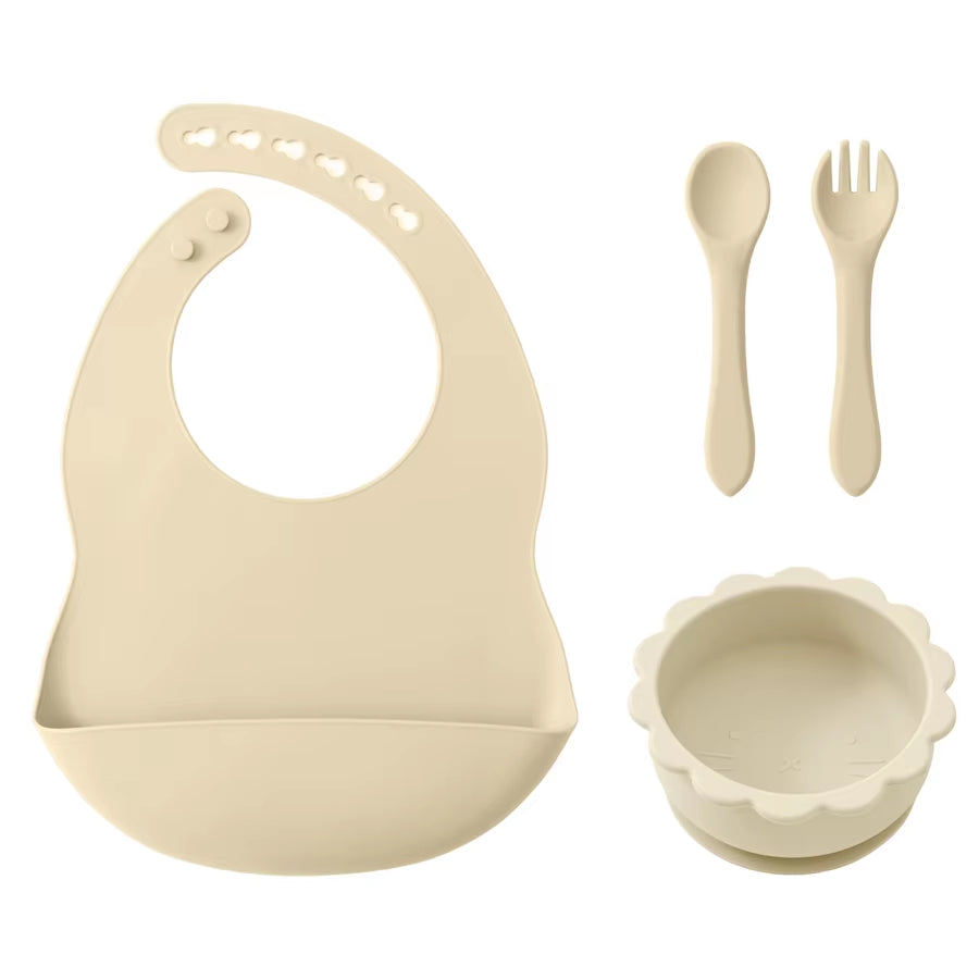 4PCS Baby Silicone Tableware Set Soft Spoon Fork Waterproof Baby Bibs Cartoon Lion Shape Bowl Portable Baby Dinner Set