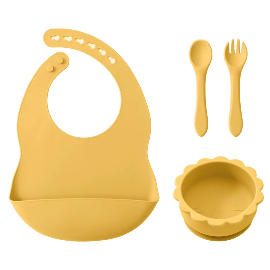 4PCS Baby Silicone Tableware Set Soft Spoon Fork Waterproof Baby Bibs Cartoon Lion Shape Bowl Portable Baby Dinner Set