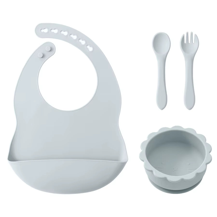 4PCS Baby Silicone Tableware Set Soft Spoon Fork Waterproof Baby Bibs Cartoon Lion Shape Bowl Portable Baby Dinner Set