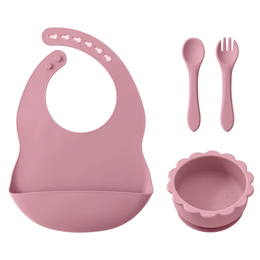 4PCS Baby Silicone Tableware Set Soft Spoon Fork Waterproof Baby Bibs Cartoon Lion Shape Bowl Portable Baby Dinner Set