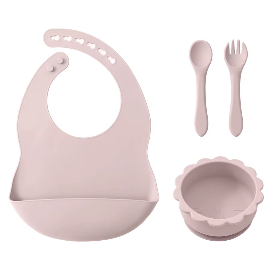4PCS Baby Silicone Tableware Set Soft Spoon Fork Waterproof Baby Bibs Cartoon Lion Shape Bowl Portable Baby Dinner Set